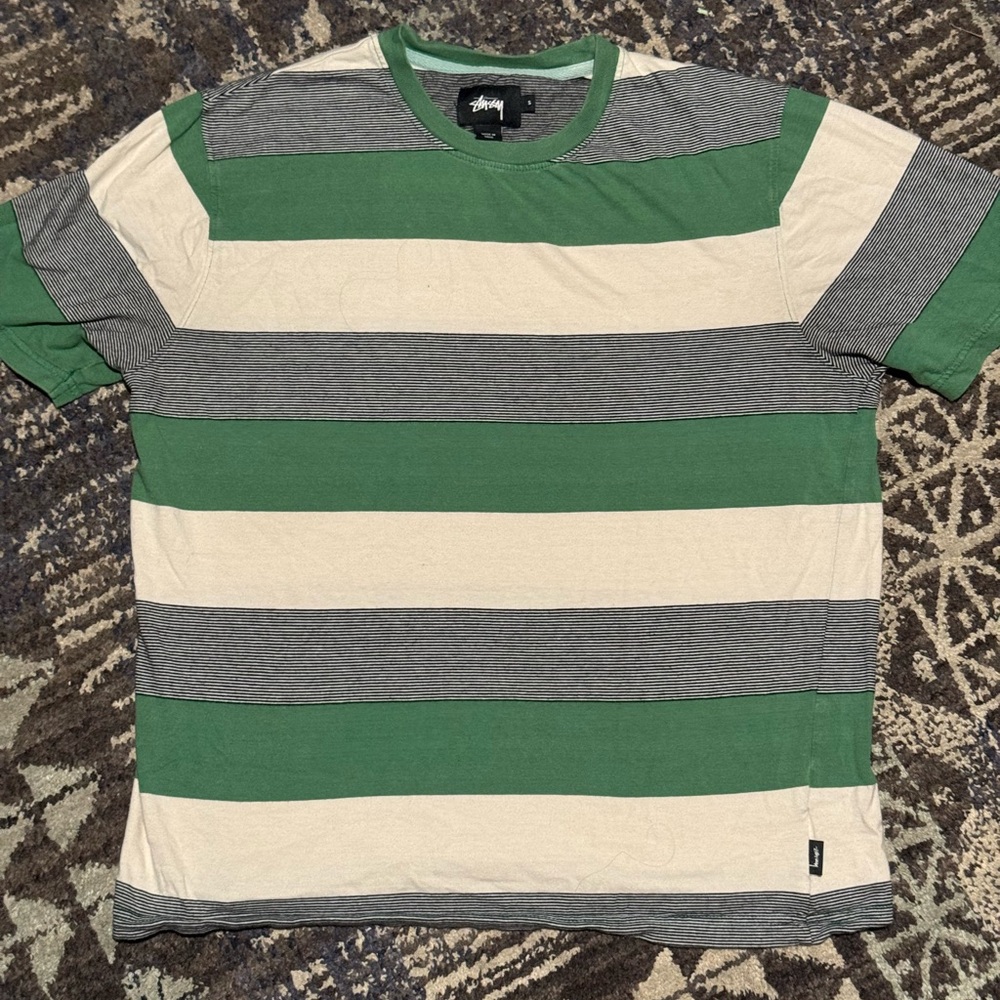 Stussy Green and Cream Striped Short Sleeve Tee